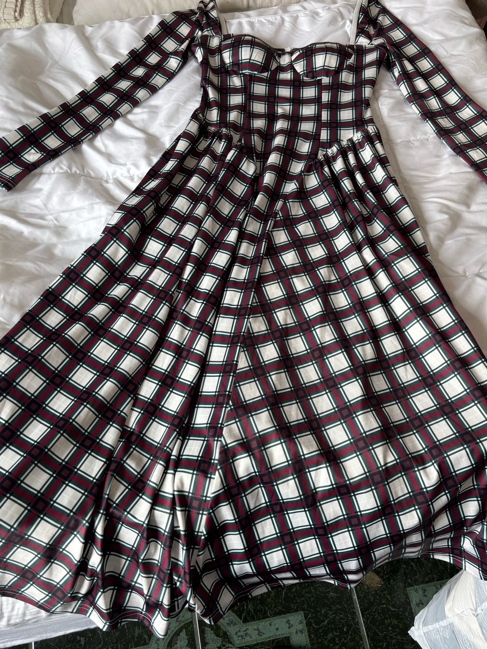 Commense Plaid Midi Dress in Burgundy, White and Black